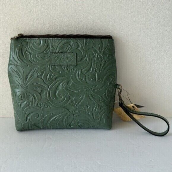 PATRICIA NASH Leath Tooled “Valerie” Wristlet Clutch Fold-Over Pouch Sage Green